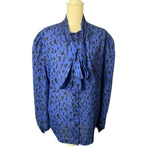 Vintage 1980’s Ron Arnold Blue & Black Abstract  Bow Blouse New Wave XL